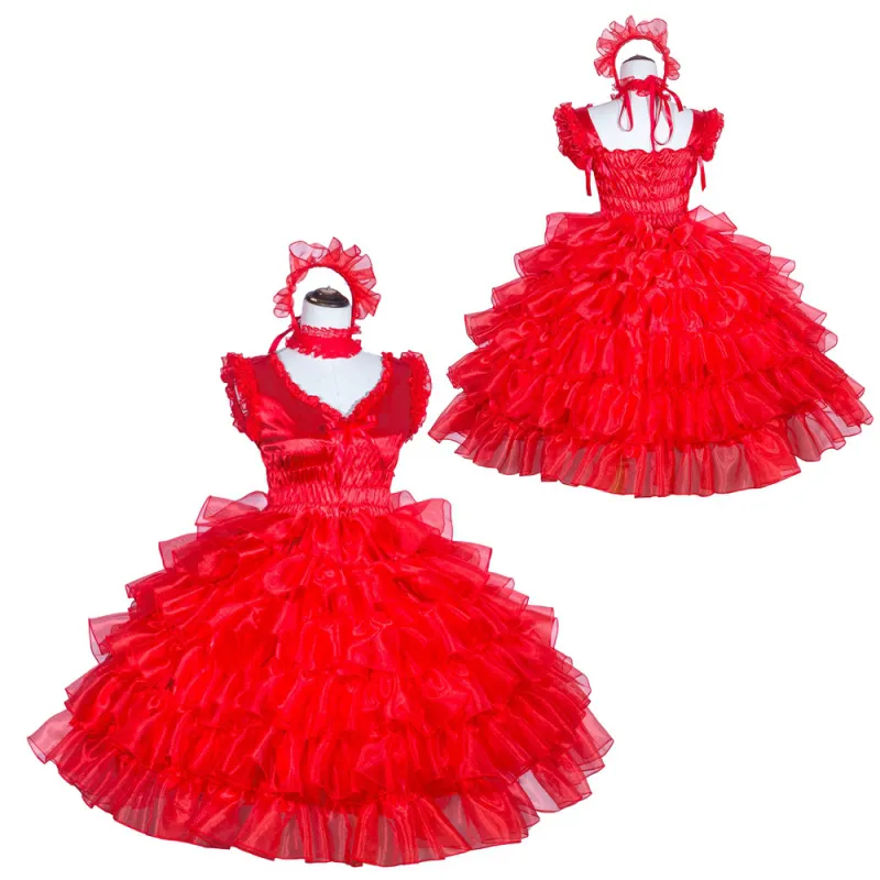 Red Organza-Satin Sissy Maid Lockable V-Neck Short Dress G4009