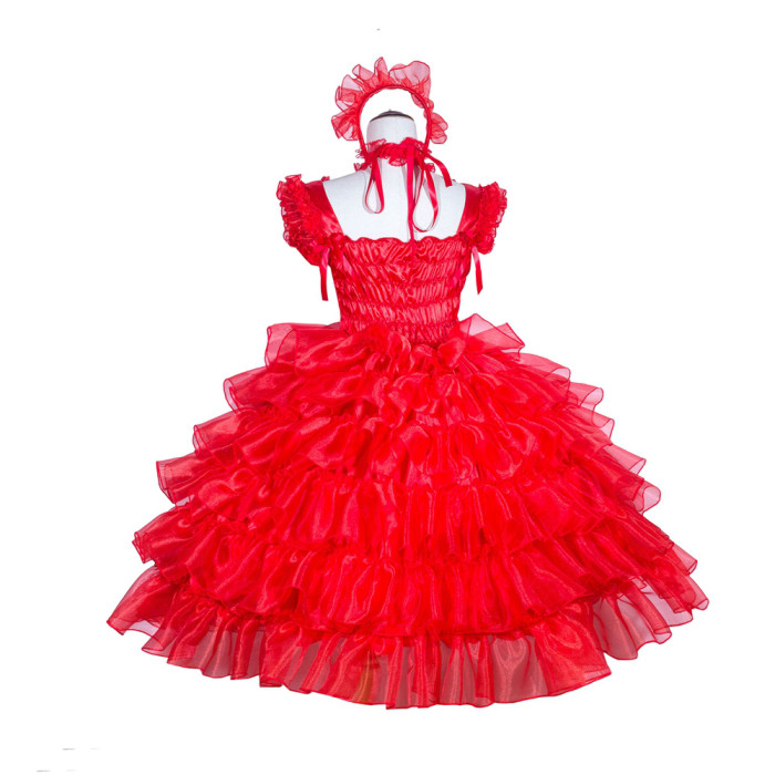 Red Organza-Satin Sissy Maid Lockable V-Neck Short Dress G4009