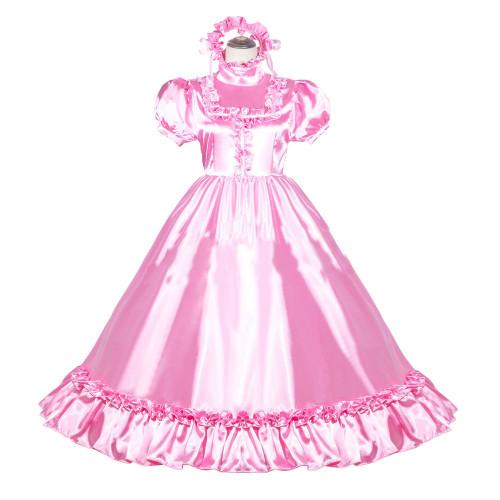 Pink Satin Sissy Maid Lockable High Collar Puff Sleeves Long Dress G4008