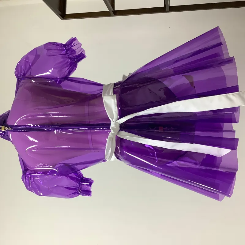Purple Clear PVC Sissy Maid Lockable High Collar Puff Sleeves Short Dress G4070