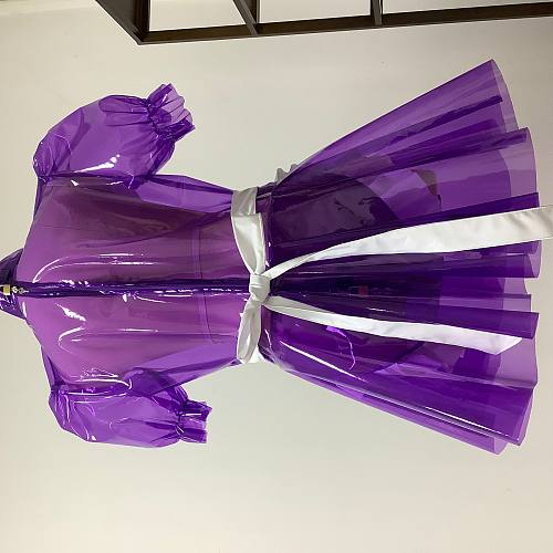 Purple Clear PVC Sissy Maid Lockable High Collar Puff Sleeves Short Dress G4070