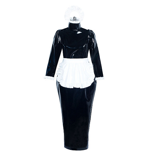 Black PVC Sissy Maid Lockable High Collar Puff Sleeves Long Dress G3893
