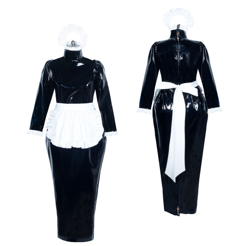 Black PVC Sissy Maid Lockable High Collar Puff Sleeves Long Dress G3893