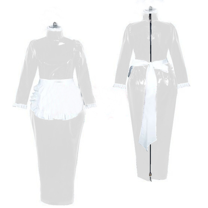 Black PVC Sissy Maid Lockable High Collar Puff Sleeves Long Dress G3893