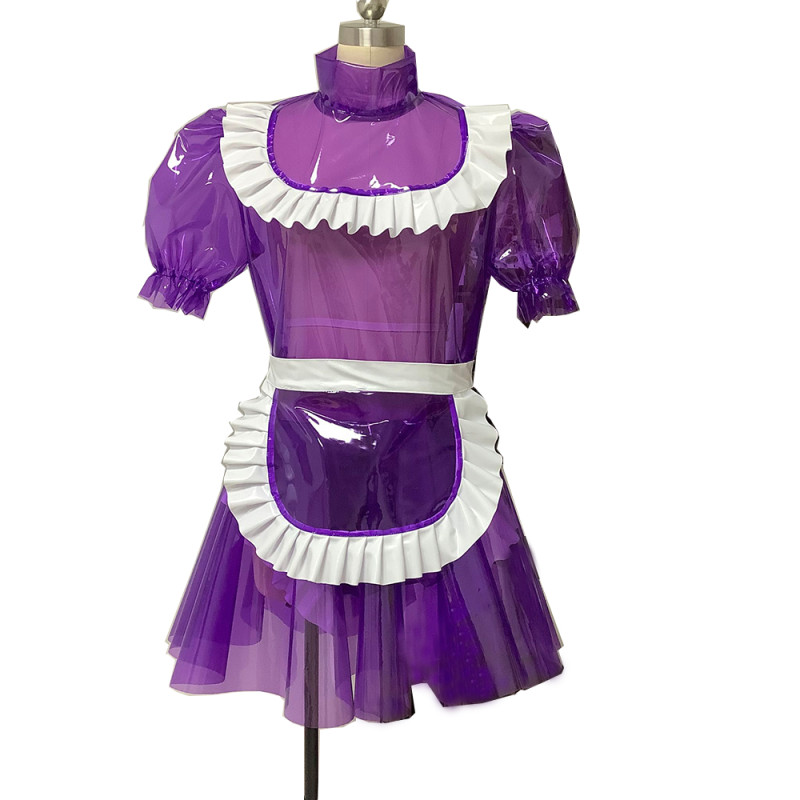Purple Clear PVC Sissy Maid Lockable High Collar Puff Sleeves Short Dress G4070