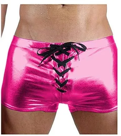 Men Skinny Lace Up Boxer Shorts Sexy Knickers Shiny Metallic Trunks