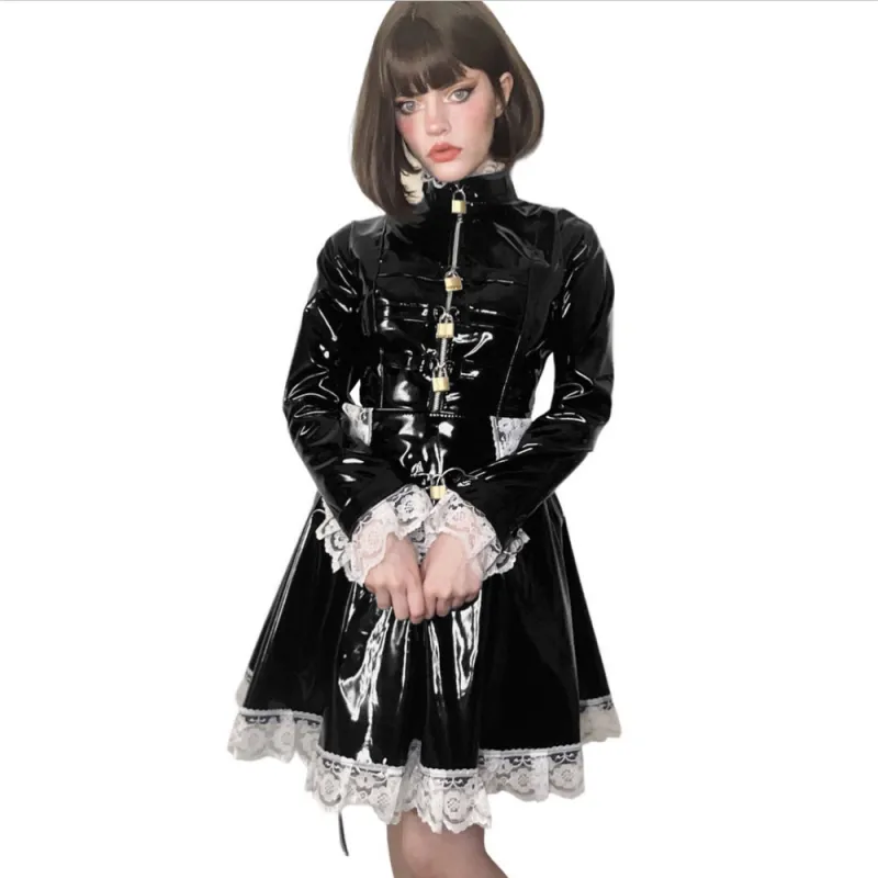 PVC Leather Cosplay Lolita Lace Maid Costumes Lockable Long Sleeve Pleated A-line Mini Maid Dress French Apron Servant Uniforms