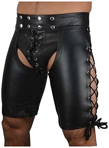 Men's Sexy Faux Leather Pants Open Butt Briefs Lace Up Boxer Shorts Underwear