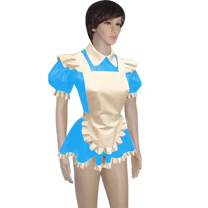 Mens Lockable Short Sleeve Turn-down Collar Maid Uniforms Sissy Glossy PVC Leather Maid Cosplay Costume Outfit Dress with Apron