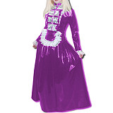 Sexy Maid Costumes Lace Tirmming Long Dress Sissy PVC Long Sleeve Lockable Stand Neck Dress Maid Uniform Dress Cosplay Fetish