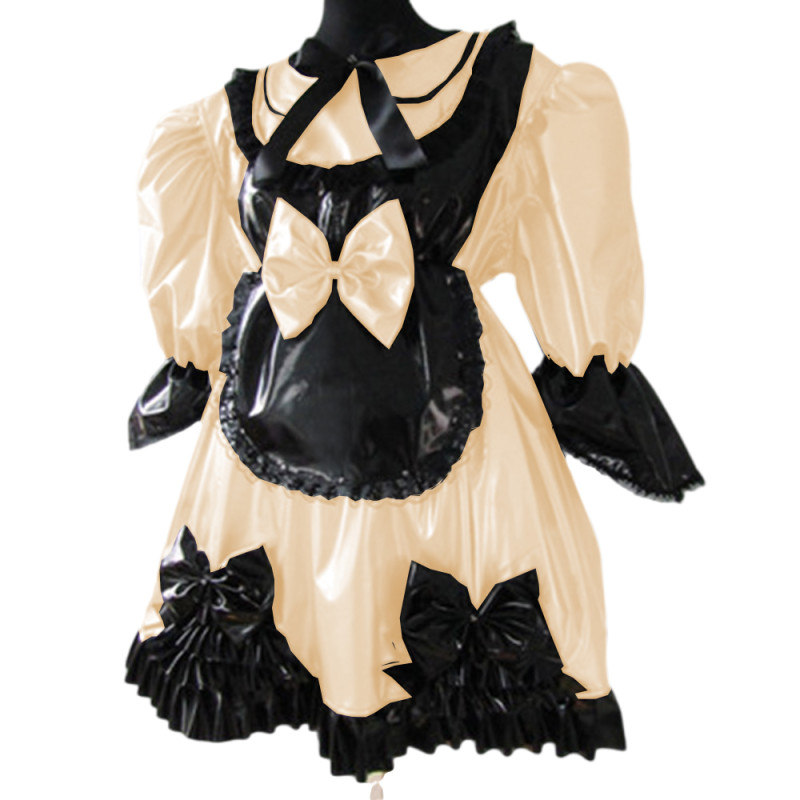 Lolita Peter Pan Collar Half Sleeve Black Frills Shiny PVC Maid Dress Unique Vinyl Glossy Leather Maid Fancy Cosplay Costume Set
