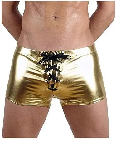 Men Skinny Lace Up Boxer Shorts Sexy Knickers Shiny Metallic Trunks