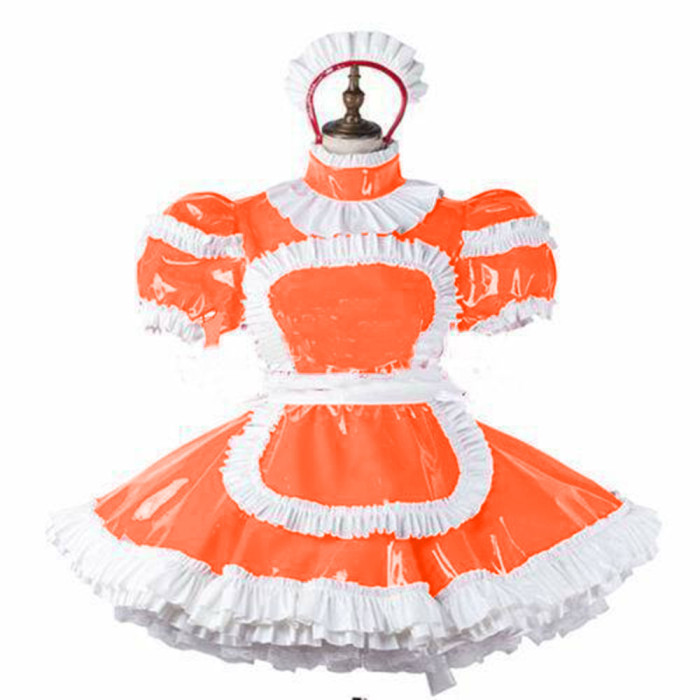 Cosplay Sissy Frills Apron Lockable Maid Dress Sexy PVC Puff Short Sleeve Turtleneck Maid Uniforms Adult Roleplay Servant Custom