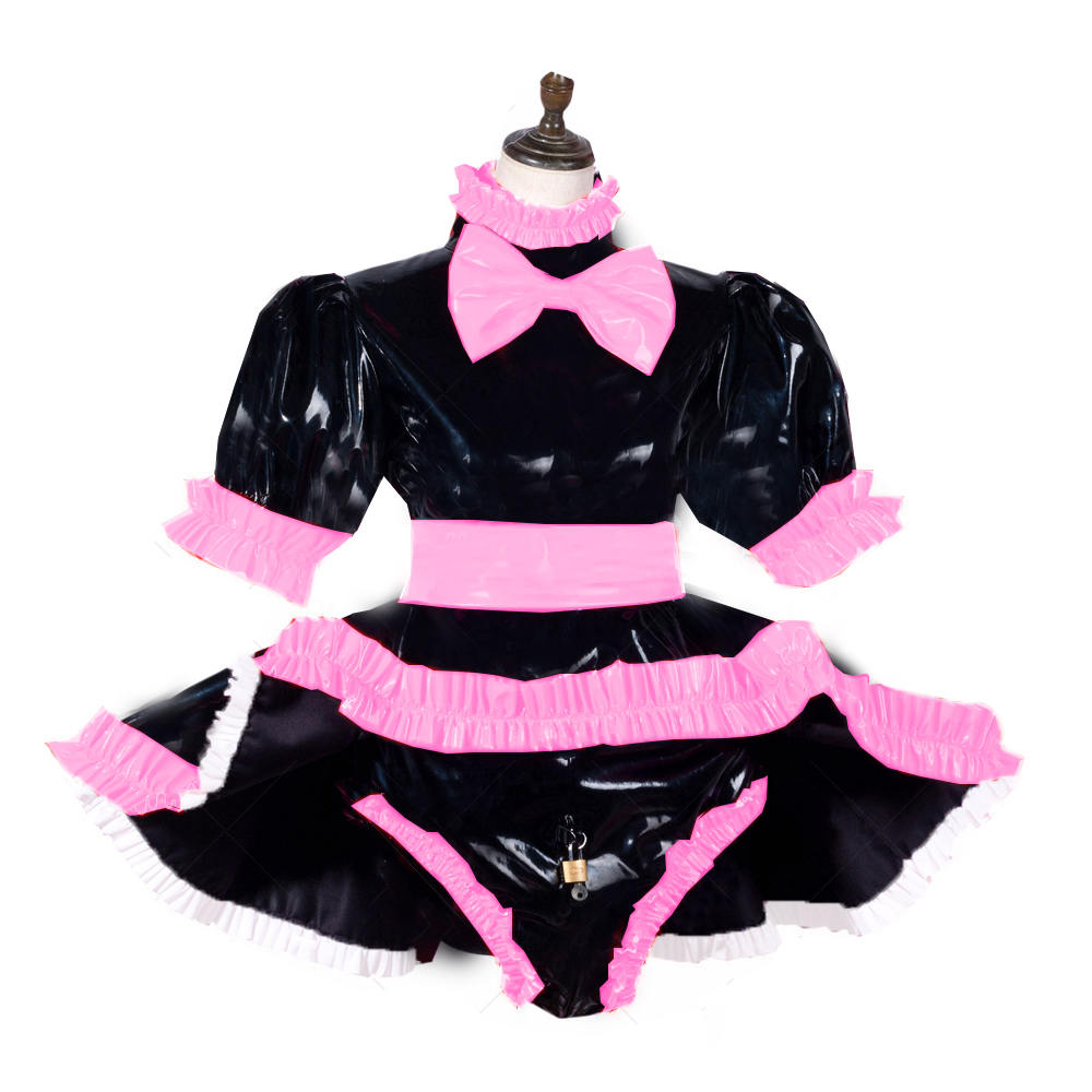 Sissy Maid lockable PVC Bodysuit Wetlook leather short puff sleeve lolita  jumpsuit vinyl body suits plus size crossdressing