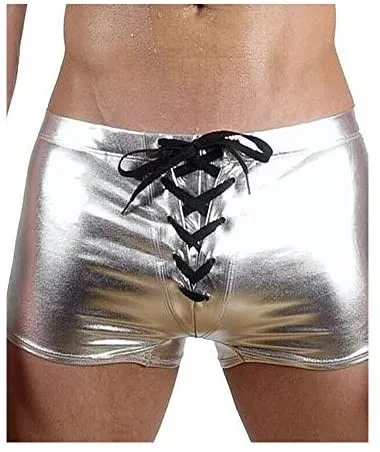 Men Skinny Lace Up Boxer Shorts Sexy Knickers Shiny Metallic Trunks