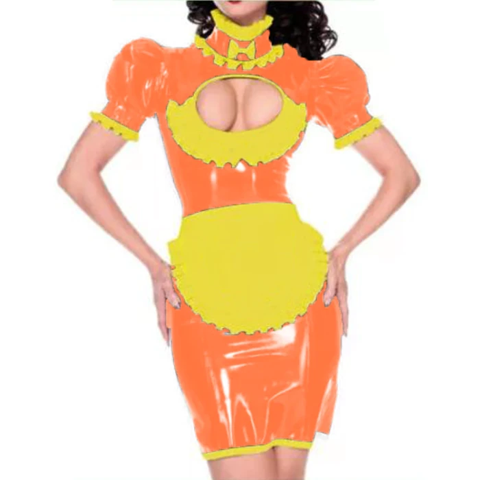 Maid outfit Sweet Lolita Women Leather PVC Gothic Dress Puff Sleeve Bodycon Mini Dress Elegant Ladies Workwear Dress plus size