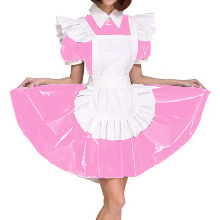 Plus Size Exotic Maid Cosplay PVC Uniform Women Wet Look Short Puff Sleeve Mini Dress French Maid Costume Lolita Apron Dress