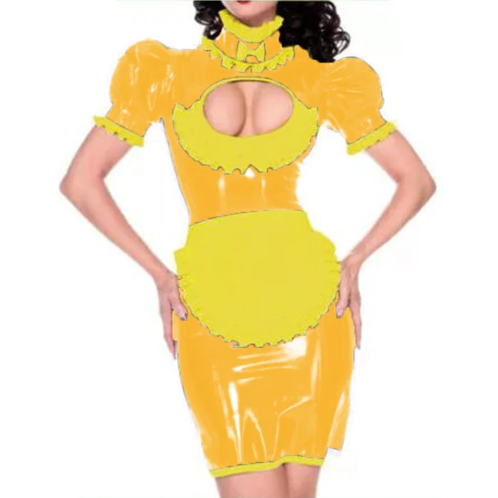 Maid outfit Sweet Lolita Women Leather PVC Gothic Dress Puff Sleeve Bodycon Mini Dress Elegant Ladies Workwear Dress plus size