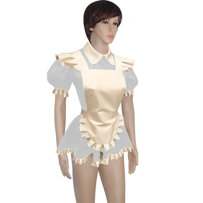 Mens Lockable Short Sleeve Turn-down Collar Maid Uniforms Sissy Glossy PVC Leather Maid Cosplay Costume Outfit Dress with Apron