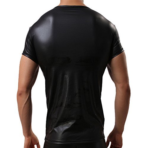 Sexy Men's Black T-Shirts Faux Leather Tops Short Sleeve Undershirt Clubwear