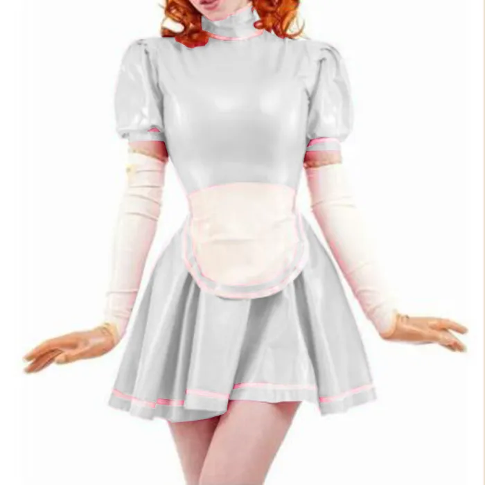Sexy Sissy PVC French Maid Dress Sweet Wind Puff sleeves Lolita Dress With Apron Wet look PVC Leather Maid Uniform Custom 7XL