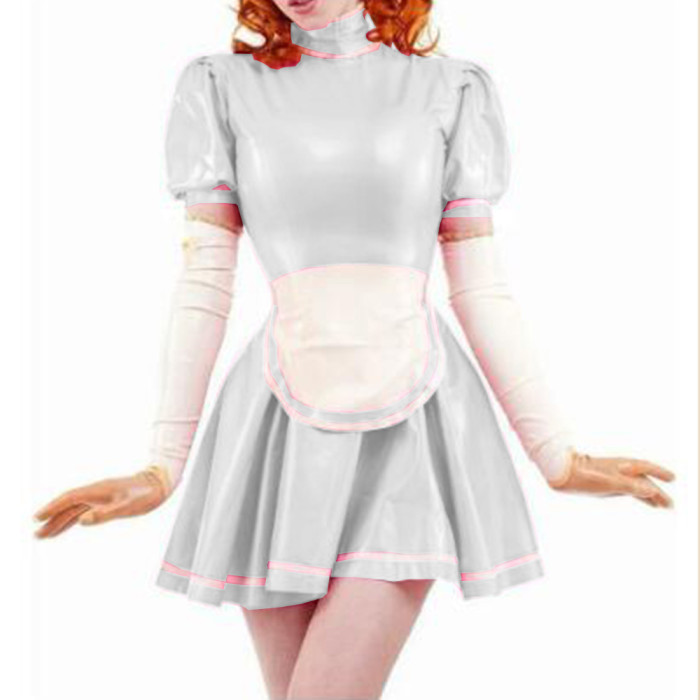 Sexy Sissy PVC French Maid Dress Sweet Wind Puff sleeves Lolita Dress With Apron Wet look PVC Leather Maid Uniform Custom 7XL