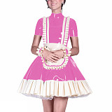 Halloween Maid Cosplay Costumes Ruffles Sissy Short Sleeve Lolita Dress Outfits Wet Look Mock Neck A-line Pleated Maid Uniform