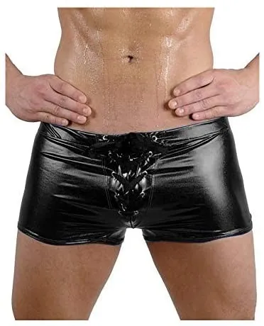 Men Skinny Lace Up Boxer Shorts Sexy Knickers Shiny Metallic Trunks