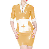 Sexy Nurse Dress With Apron uniform Glossy PVC Patchwork White Slim Fit Pencil Mini Dress Funny Dress Cosplay Costume Sets S-7XL