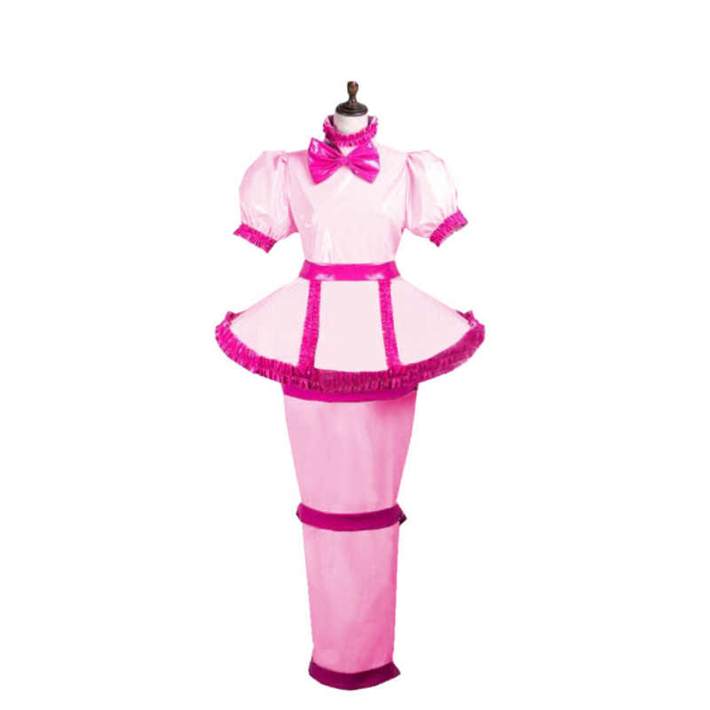 Sissy Pink Ruffles Long Maid Dresses Uniforms Lockable Zipper with Skirted Turtleneck Maxi Pencil Dress Hallowen Cosplay Outfits