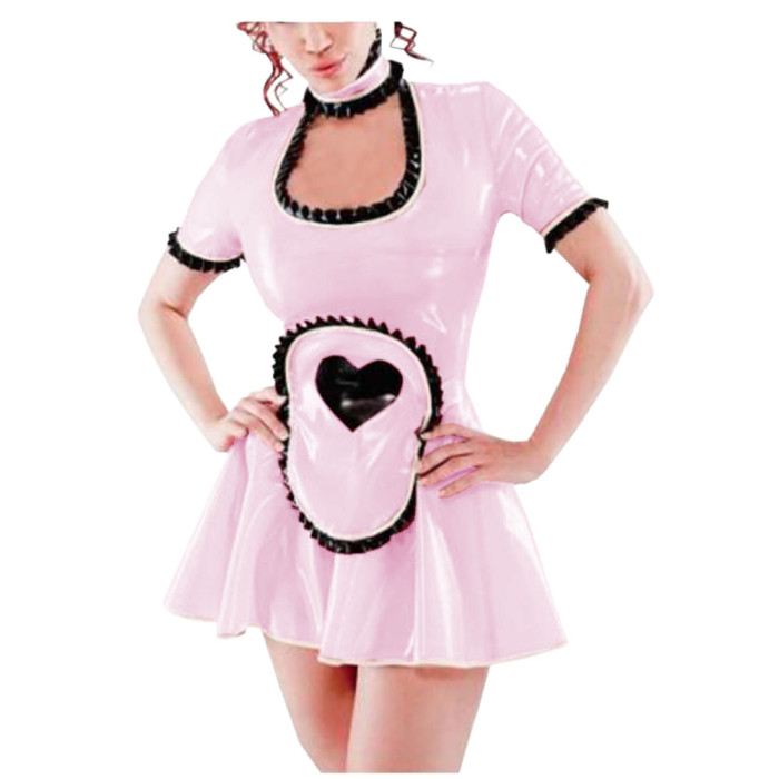 Sexy Lolita Exotic Maid Costumes High Neck Short Sleeve Frills PVC Maid Dress Apron with Hearts Trims Fancy Cosplay Maid Dress