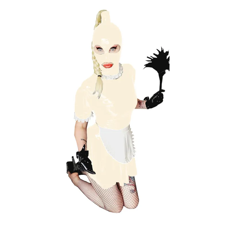 Shiny PVC Wet Look Maid Dress With Apron And Mask Puff Sleeve Sexy A-line Maid Dress Sissy Dress Suit Cosplay Halloween Outfit