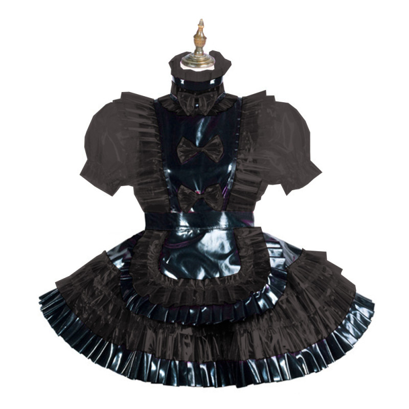 Sissy Lockable Black PVC Patchwork Maid Unifroms Fetish Clear Plastic Maid Dress with Apron Puff Short Sleeve Frills Maid Dress