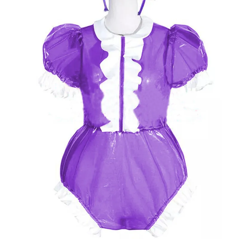 clear pvc Bodysuit PVC Puff short Sleeve Romper Lockable Plastic Costume adult sexy cross dressing Big Size Custumed