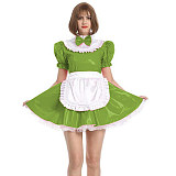 Womens Maid Sexy Costumes Plus Size Sissy Maid Cosplay PVC French Maid Uniform Outfit Ruffled Puff Sleeve Fancy Dress with Apron