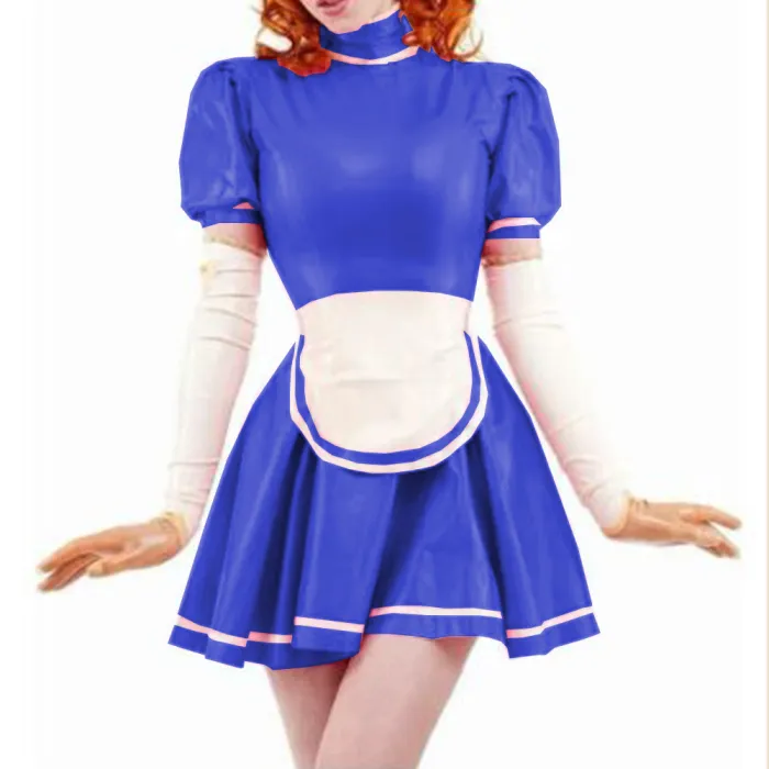 Sexy Sissy PVC French Maid Dress Sweet Wind Puff sleeves Lolita Dress With Apron Wet look PVC Leather Maid Uniform Custom 7XL