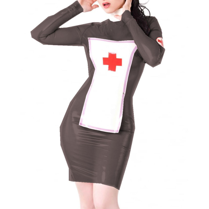 Sexy Nurse uniform Costume Patchwork Glossy Clear PVC Long Sleeve Skinny Mini Dress With Apron Erotic Cosplay Party Club S-7XL