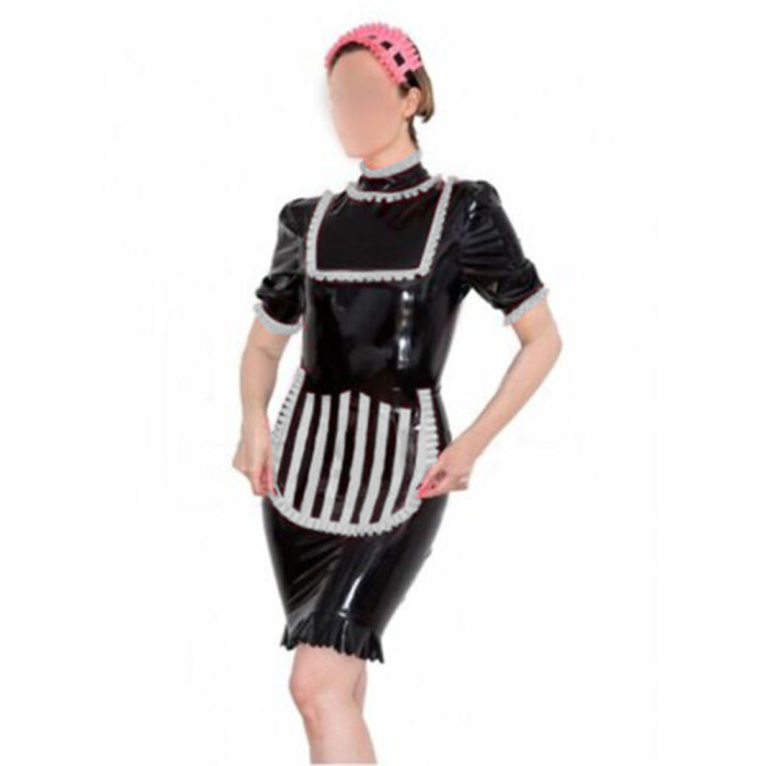 Adult Sexy Cross Dressing Maid Cosplay Costume Lockable Sexy Wetlook PVC  Bodysuit Sissy Long sleeve Faux