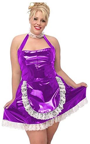 Plus Size Halter Sleeveless Maid Mini Dress Women PVC Sweet Dress+Lace Necklace