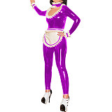 Sexy Clubwear Hollow Out Ruffles Neck Maid Jumpsuit with Apron Womens Mens Shiny PVC French Maid Uniforms Exotic Cosplay Costume