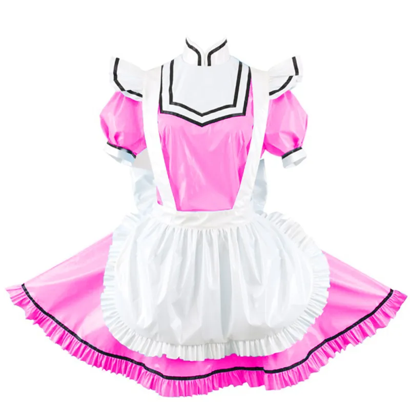 Elegant Splicing Women French Maid Cosplay Mini Dress Short Sleeve High Neck Bodycon Dress PVC Lolita Exotic Dresses With Apron
