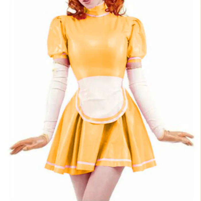 Sexy Sissy PVC French Maid Dress Sweet Wind Puff sleeves Lolita Dress With Apron Wet look PVC Leather Maid Uniform Custom 7XL