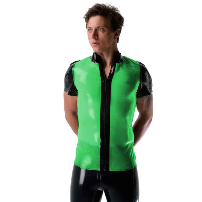 Mens Sexy See Through Jackets Clear PVC Patchwork T-shirt Fetish Plastic Stand Collar Club Tops Punk Style Front Zipper Tops