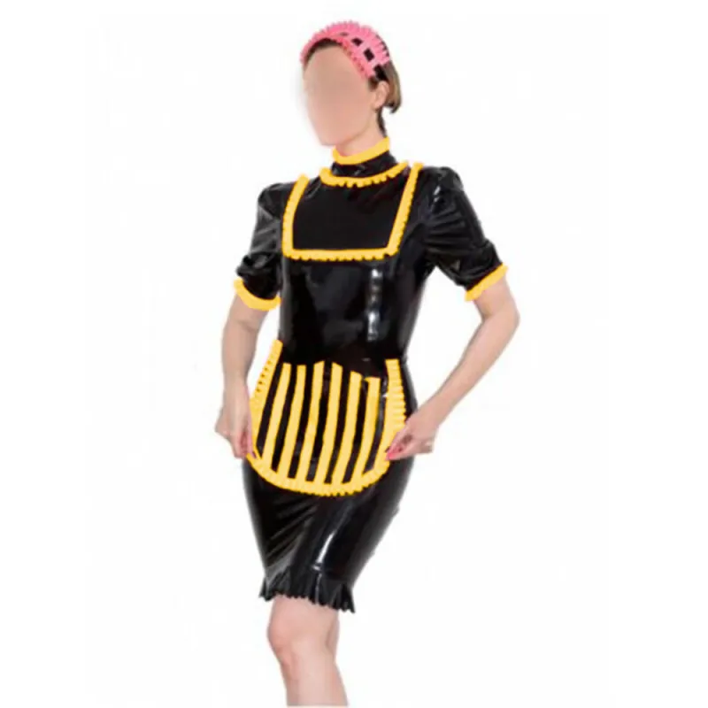 Sexy PVC Leather Ruffle French Maid Dress with Strips Apron Womens Mens Club Fancy Maid Uniform Sissy Bodycon Maid Pencil Dress