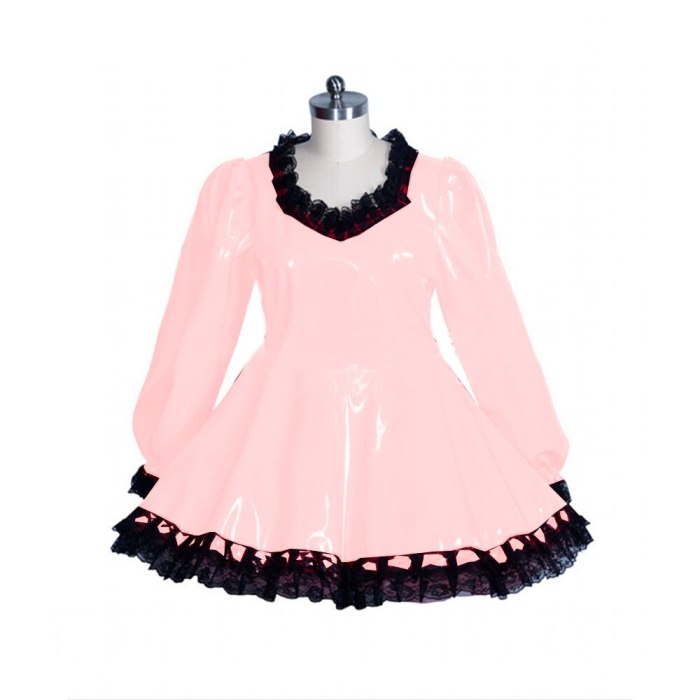 Cute Women's Lolita PVC Dress Sweet Black Lace A-line Vinyl Dress Lockable Maid Uniform Gothic Plus Size Long sleeve Sissy Dress