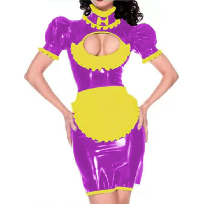 Maid outfit Sweet Lolita Women Leather PVC Gothic Dress Puff Sleeve Bodycon Mini Dress Elegant Ladies Workwear Dress plus size