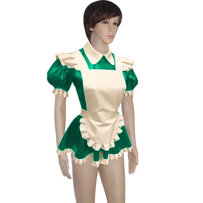 Mens Lockable Short Sleeve Turn-down Collar Maid Uniforms Sissy Glossy PVC Leather Maid Cosplay Costume Outfit Dress with Apron