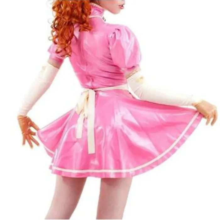 Sexy Sissy PVC French Maid Dress Sweet Wind Puff sleeves Lolita Dress With Apron Wet look PVC Leather Maid Uniform Custom 7XL