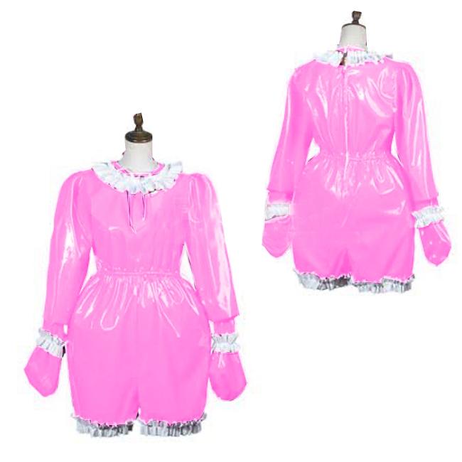 Sissy Bodysuit Adult Baby PVC Long Sleeve Ruffle Jumpsuit O Neck Gay Back Zipper Pleated Pajamas Cosplay Uniform Maid Jumpsuit