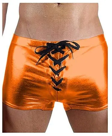 Men Skinny Lace Up Boxer Shorts Sexy Knickers Shiny Metallic Trunks